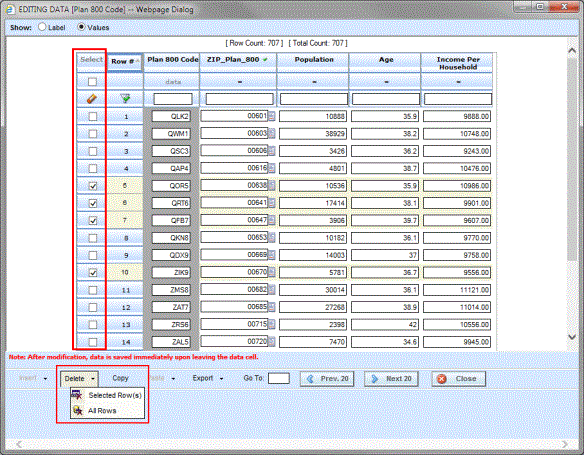 Deleting Rows from Table Data